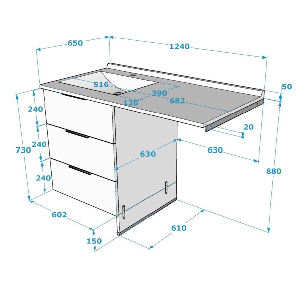 Meuble lave-linge en angle à droite 124 cm