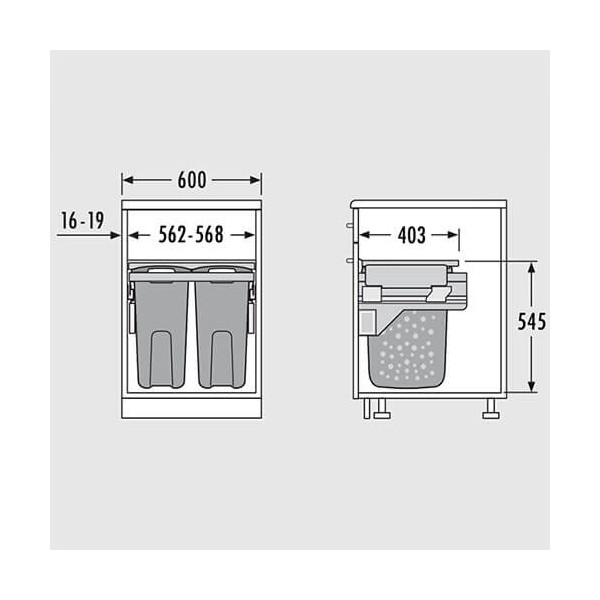 Panier à linge coulissant 2 bacs pour meuble 60 cm