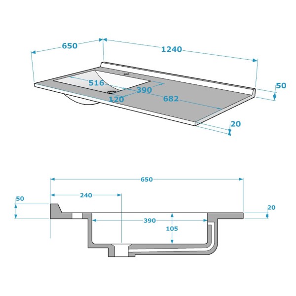 Plan brillant 124 cm pour lave linge à droite