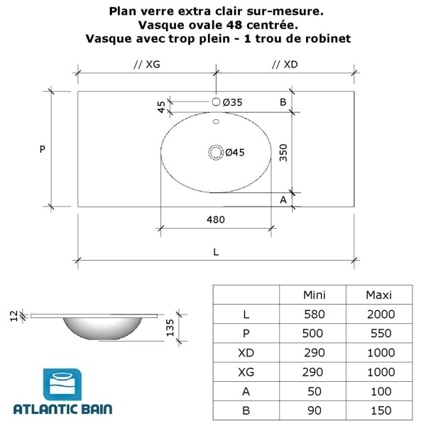 Plan en verre sur mesure simple vasque